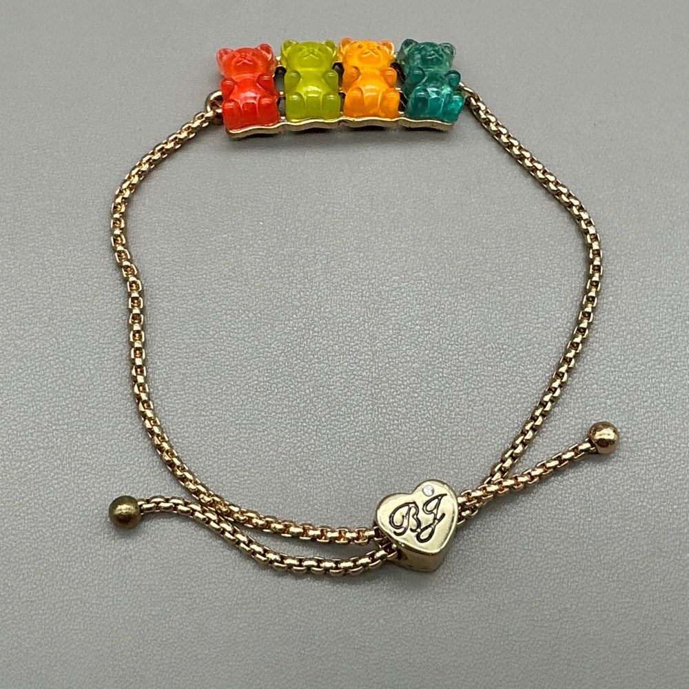 Betsey Johnson Gummy Bear Bracelet Women Gold Tone Multi Color Slider Adjustable